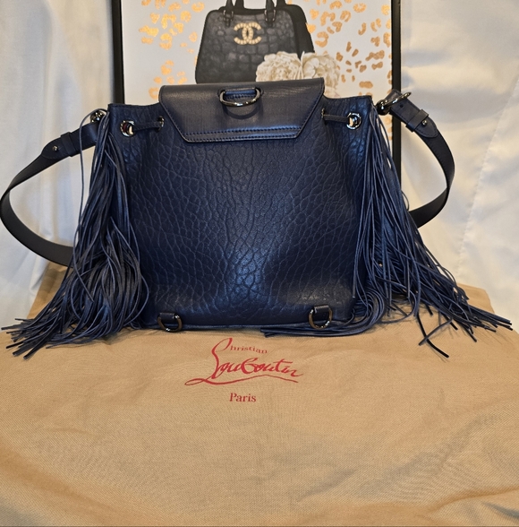 Christian Louboutin Lucky L Bucket Navy Blue Fringe Shoulder Bag And Backpack - Picture 3 of 17